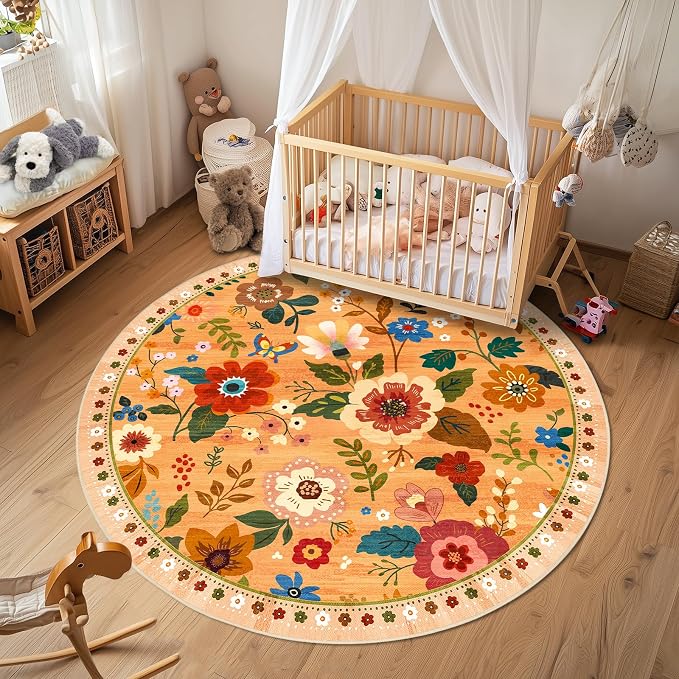 RELEANY Floral Washable Round 6ft Area Rug Yellow/Orange/Red | Flower Carpet - Image 6