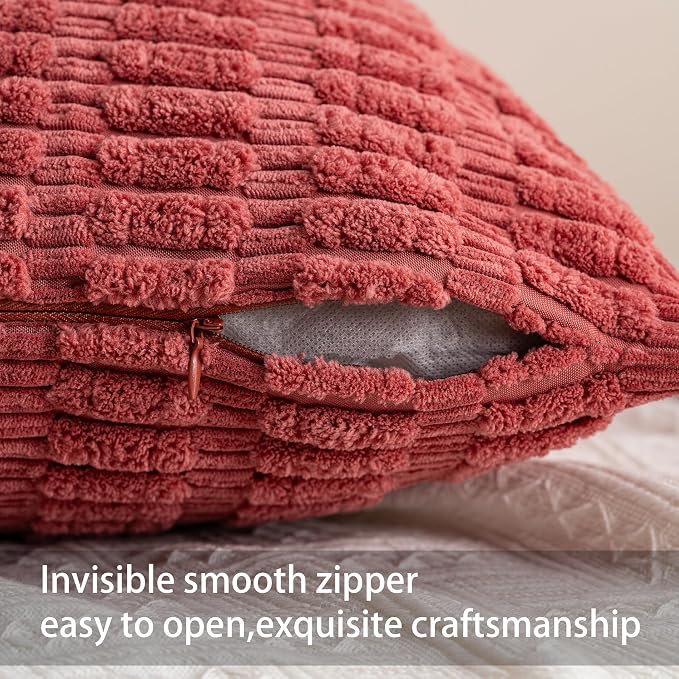 Pack of 2 Corduroy Decorative Throw Pillow Covers 24x24 Inch, Cranberry Red | - Image 3