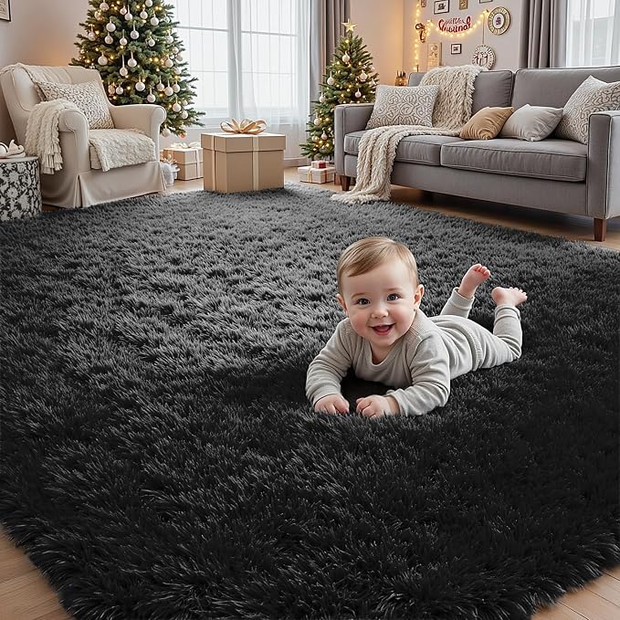 6x9 Fluffy Shag Area Rugs for Living Room Bedroom: Soft Plush Carpet Black | - Image 9