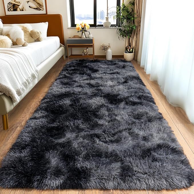 Pionblank Fluffy Runner Rugs for Bedroom 2x6, Dark Grey | Modern Shaggy Area by PIONBLANK