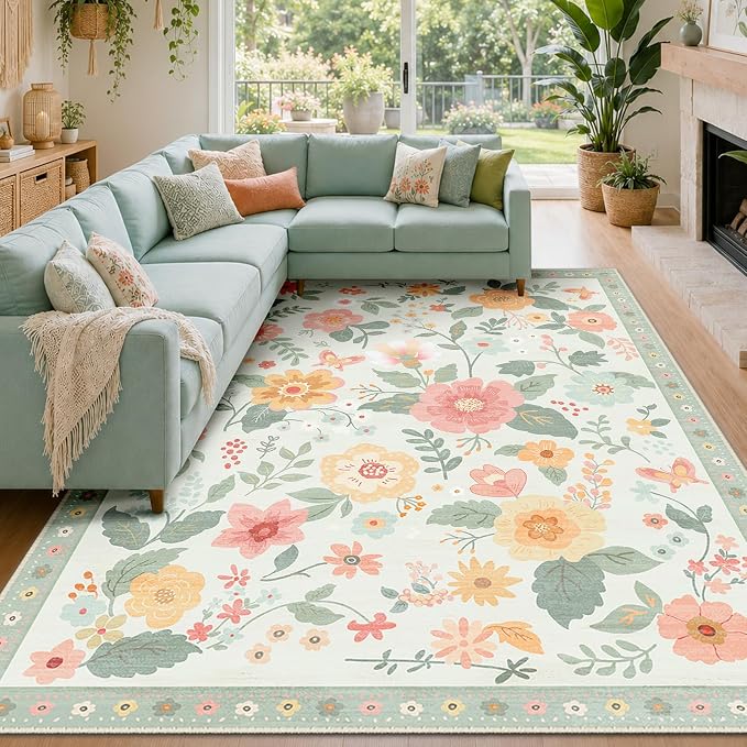 RELEANY Floral Washable 8x10 Area Rugs Beige/Green | Flower Carpet Print Boho by RELEANY
