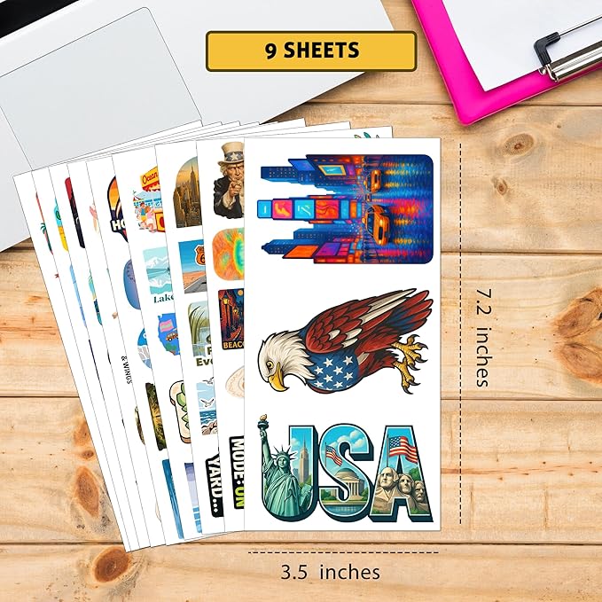 100 PCS USA Travel Stickers Pack – American Quotes, Food & Culture Vinyl Waterproof Decals for Laptop, Water Bottle, Scrapbook, Hard Hat, Car Gift for Kids, Teens, Adults