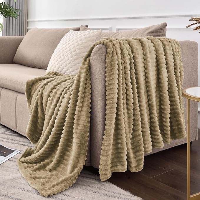 BEDELITE Ribbed Jacquard Brown Fleece Throw Blanket - Image 9