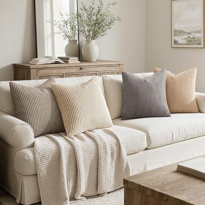 MIULEE Soft Corduroy Decorative Throw Pillow Covers Neutral Cream 20x20 | Set - Image 2