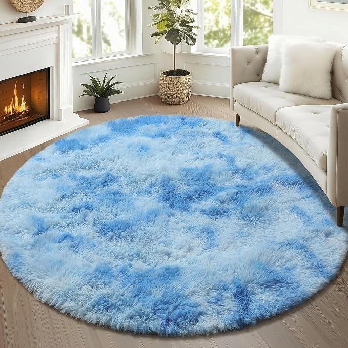Tie-Dye Blue Round Rug 4ft, Fluffy Soft Circle Area Rugs - Image 4