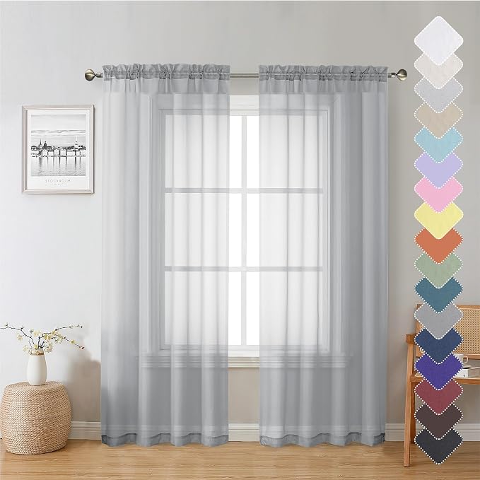 Living Room Light Grey Sheer Curtains 72 Inch Long 2 Panels, Lightweight Solid by Lecloud