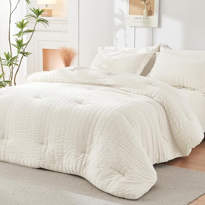 HYMOKEGE Ivory California King Comforter Set Seersucker 7 Pieces, All Season Luxury Bed in a Bag for Bedroom, Bedding Set with Comforters, Sheets, Pillowcases & Shams