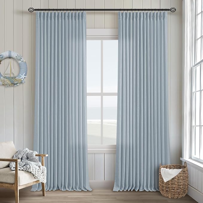 Blue Grey 90 Inch Linen Curtains Pinch Pleated by Twodrapes
