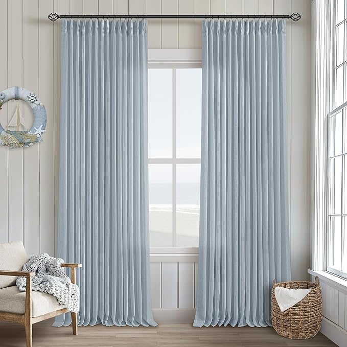 Extra Long Dusty Blue Linen Curtains 120 Inches Long 2 Panels | Coastal Sky Blue by Twodrapes