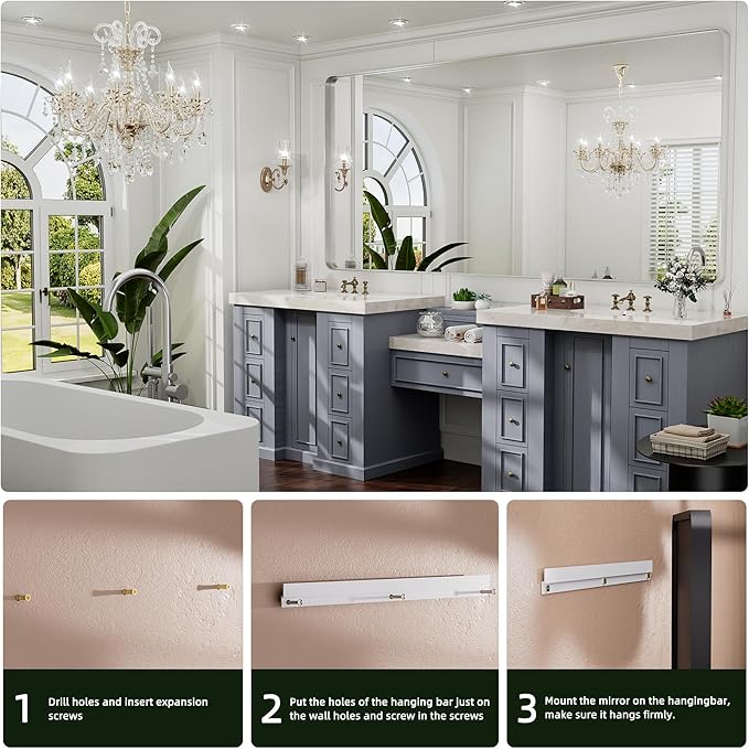Hasipu Brushed Silver Bathroom Mirror 63x35 Inch Rounded Rectangle Vanity Mirror Metal Framed Wall Mirrors Anti-Rust Surface Mount (Hangs Horizontal or Vertical)