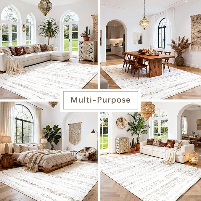 8x10 Washable Area Rugs for Living Room, Dining Room- Morocco White | Boho - Image 5