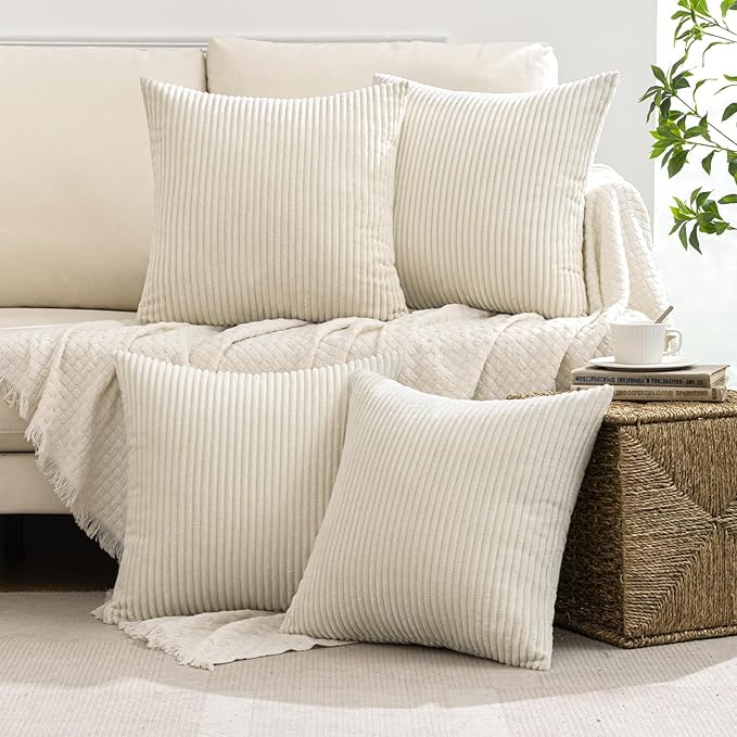 MIULEE Soft Corduroy Decorative Throw Pillow Covers Cream White 18x18 | Set of 4 - Image 2