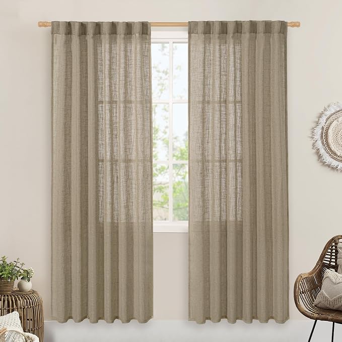 Taupe Sheer Linen Curtains 80 inch Light Filtering Semi Sheer Panels | Linen by LAMIT