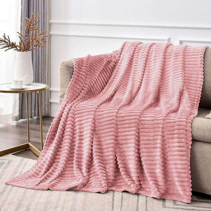 BEDELITE 3D Ribbed Jacquard Pink Fleece Throw Blanket by BEDELITE