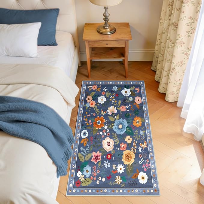 Floral Washable 2x4 Area Rugs Runner Entryway Hallway Blue/Grey | Flower Carpet - Image 8