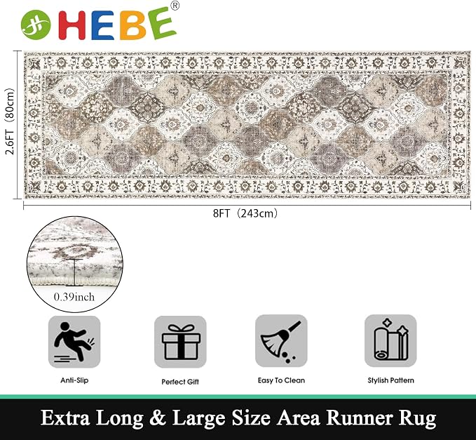 HEBE Hallway Runner Rug 2'8''x8', Washable Non Slip Kitchen Rug Runner | Soft - Image 2