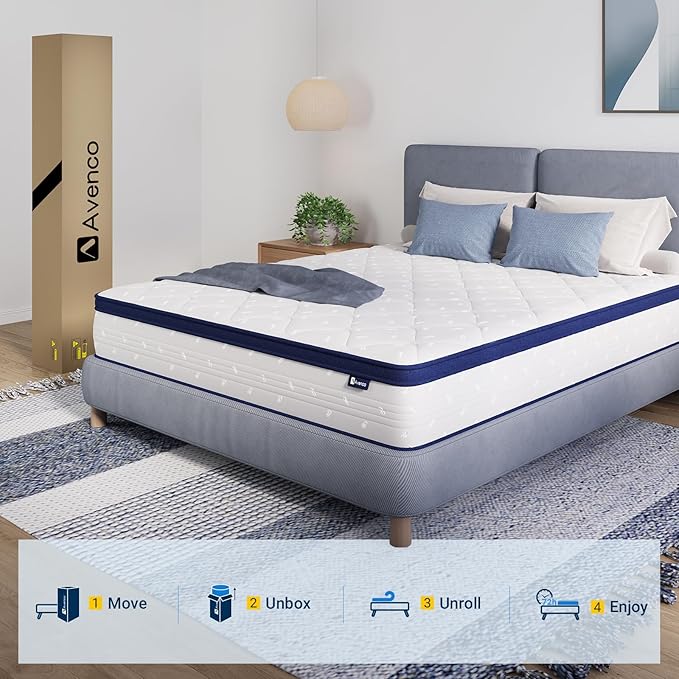 Avenco Queen Mattress in a Box, 12 Inch Hybrid Size Mattresses with Comfort Foam and Pocket Coils, Colchones Queen for Pressure Relief & Motion Isolation