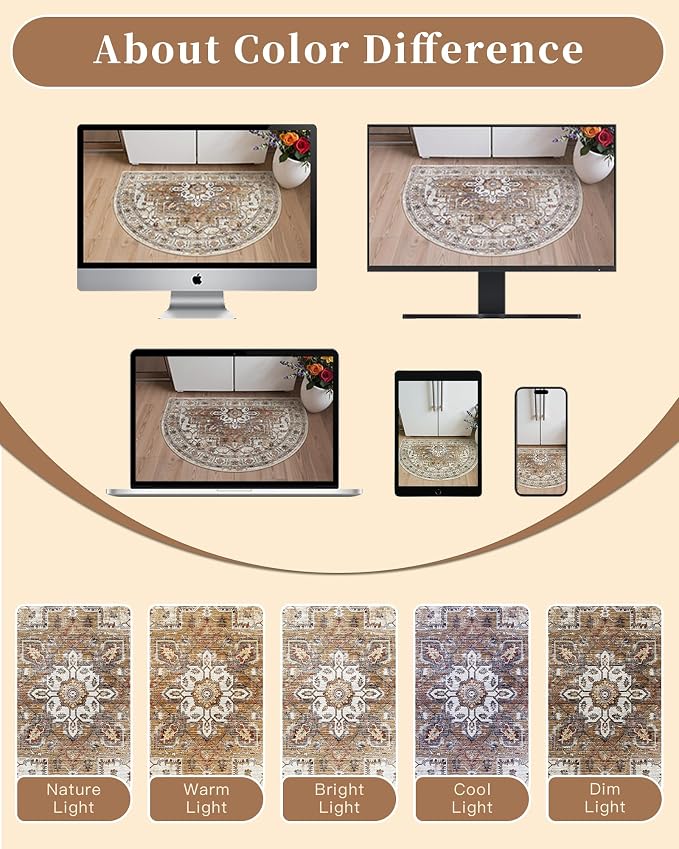 Madane Washable Half Circle Round Rug 2x3 Small Moon Rugs, Turmeric/Grey | - Image 9