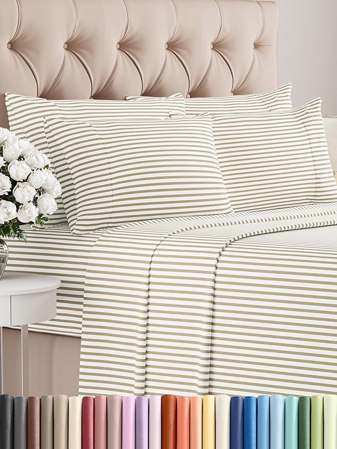 Full 6 Piece Sheet Set - Comfy Breathable & Cooling - Soft Hotel Luxury Bedding Set with 8-16 Inch Deep Pockets - 1 Flat & 1 Fitted Sheet & 4 Pillowcases - Wrinkle Free & Easy Care - Beige Stripes 2
