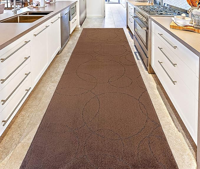 Custom Size Modern Geometric Pattern Carpet Runner Rug for Hallways, Slip Resistant Latex Rubber Backed, 31 inch Wide X Customized Length, Circles Brown, 31 inch X 17 feet