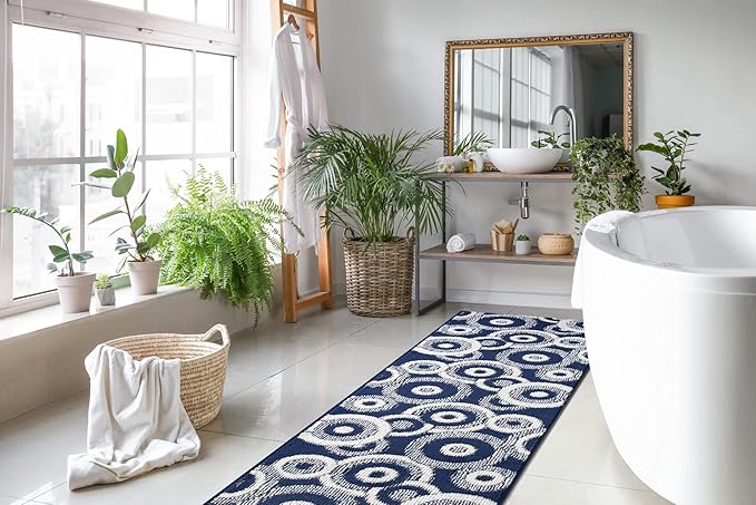 Custom Length Cut to Size Retro Modern Coastal Carpet Runner Rug for Hallways, Non Slip Rubber Backed, 31 inch Wide X Customized Length, Geo Blue, 31 inch X 15 feet