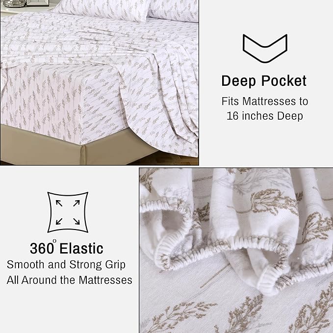 RUVANTI Flannel Sheets Queen Size - 100% Cotton Double Brushed Bed Sheets, Deep Pockets 16 Inches Queen Sheet Set, All Seasons Breathable & Extra Soft - Warm & Cozy, 4 Piece, Dried Straw