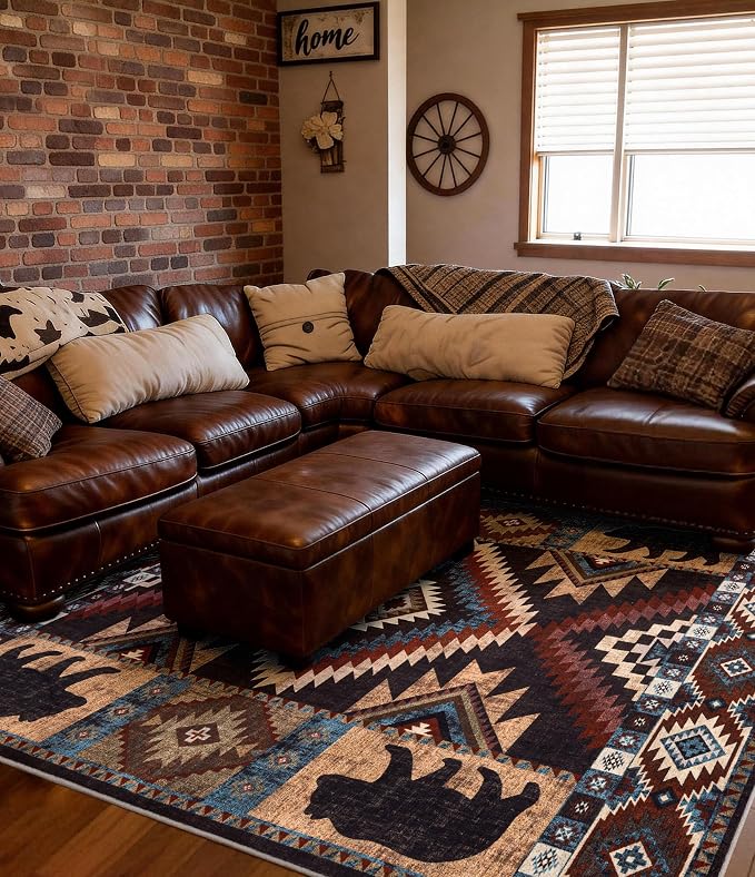 Rustic Cabin Area Rug for Living Room 8x10, Machine Washable Lodge Bear Rug - Image 4
