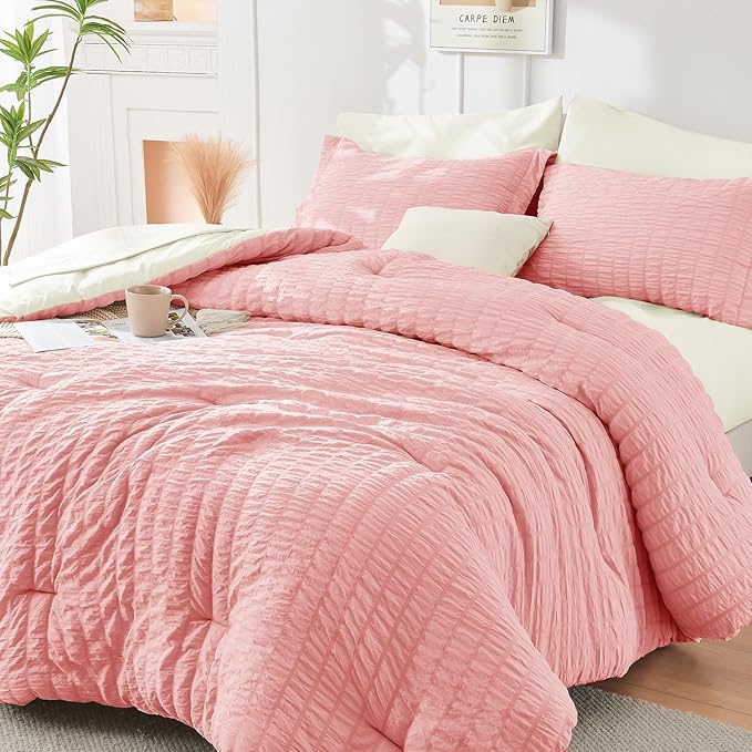 HYMOKEGE Pink/Ivory Twin XL Comforter Set Seersucker 5 Pieces, All Season Luxury Bed in a Bag for Bedroom, Bedding Set with Comforter, Sheets, Pillowcase & Sham