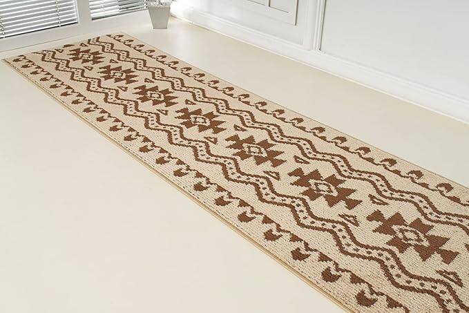 Custom Length Cut to Size Tribal Ethnic Southwestern Inspired Hallway Runner Rug, Non Slip Rubber Backed, 31 inch Wide X Customized Length, Aztec Beige, 31 inch X 22 feet