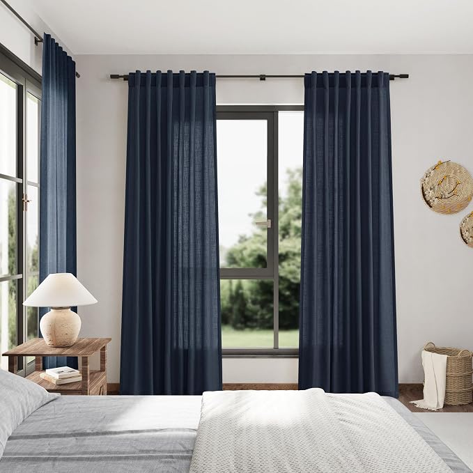 Vintage Blue Linen Curtains 102 Inches Long Rod Pocket Back Tab Drapes 2 Panels - Image 7