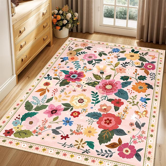 RELEANY Floral Washable 4x6 Area Rugs Pink | Flower Carpet Print Boho Cute Non - Image 9