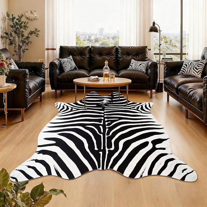 Faux Zebra Rug, Zebra Print Rug Animal Hide Rugs, 4.6 x 5.2 Ft Black | Premium by AROGANAREARUG