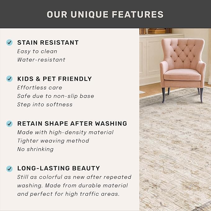 Washable Ivory Living Room Rug, 8x10 Non Slip Area Rugs - Image 7