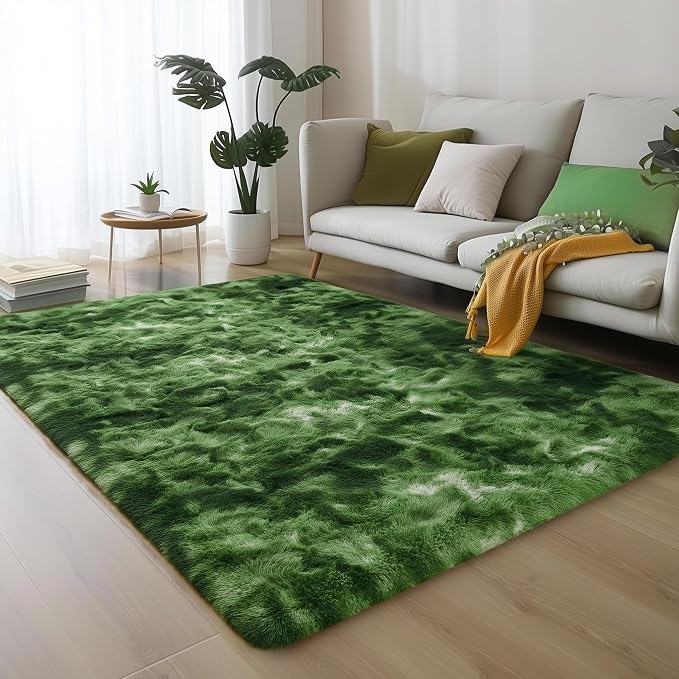 Fluffy Moss Green Rugs for Living Room 5x8, Modern Bedside Forest Carpets | - Image 2