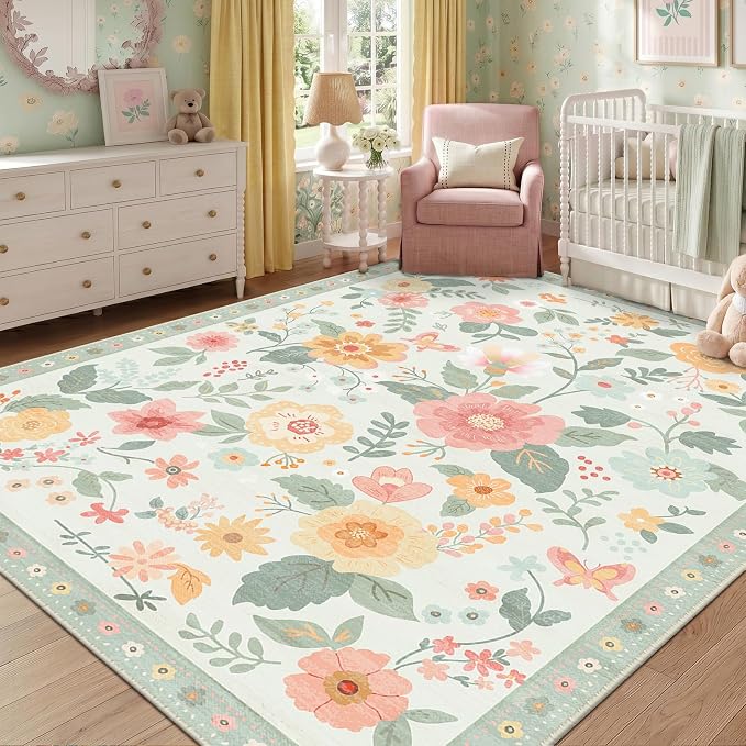 RELEANY Floral Washable 8x10 Area Rugs Beige/Green | Flower Carpet Print Boho - Image 2