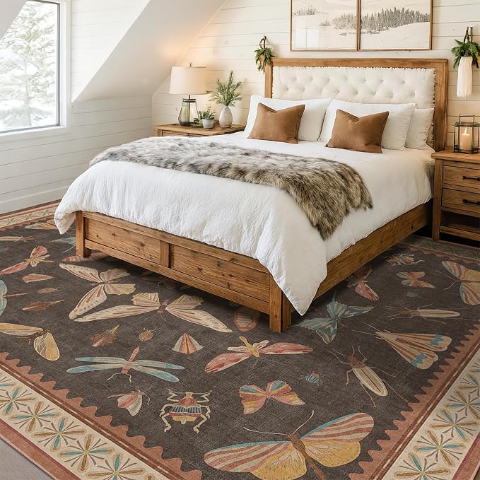 Brown 9x12 Living Room Area Rug, Washable Whimsical Insect Carpet - Image 3