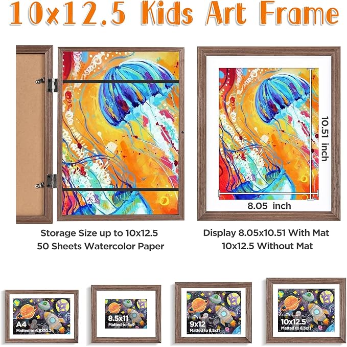 KINLINK 10x12.5 Kids Art Frames Set of 2, Solid Wood Kids Artwork Frames Changeable with Acrylic Front Opening Holds 150 Pictures, Art Frame for Kids Artwork with Mat or without Mat, Brown Wood