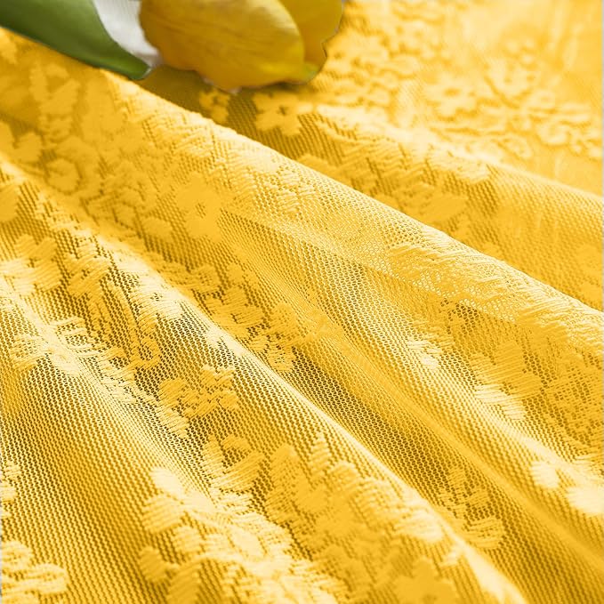 YJ YANJUN Vintage Lace Curtains 36 Inch Length- Victorian Floral 70s Mustard - Image 3