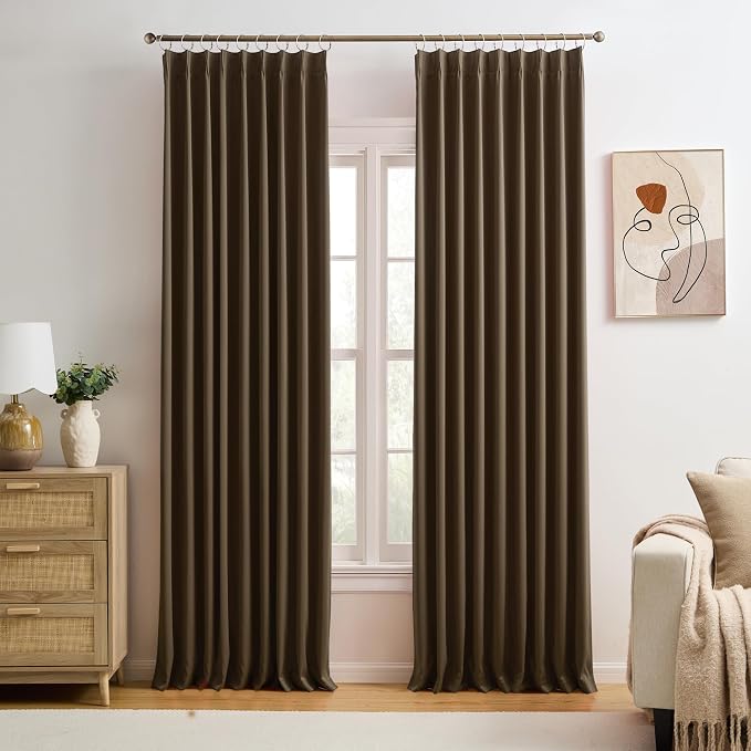 Brown Pinch Pleated 60 Inch Wide Curtains 60 x 102, Thermal Insulated Noise by KEQIAOSUOCAI