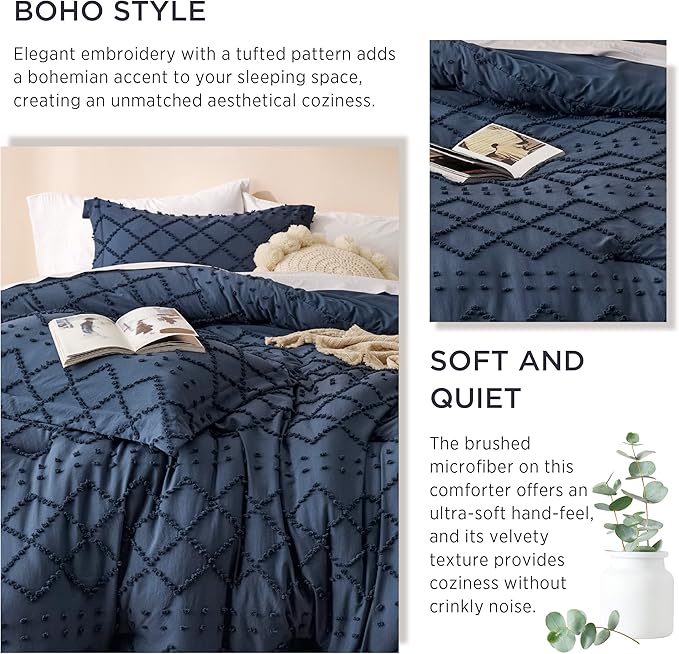 Bedsure Oversized Queen Comforter Set - Navy Blue Comforter, Boho Tufted Shabby Chic Bedding, 3 Pieces Vintage Farmhouse Bed Set for All Seasons, Fluffy Soft Bedding with 2 Pillow Shams