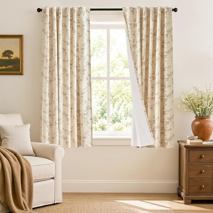 Blackout Vintage Floral Linen Curtains Taupe on Beige 50×63 2 Panels | Elisa by Lazzzy