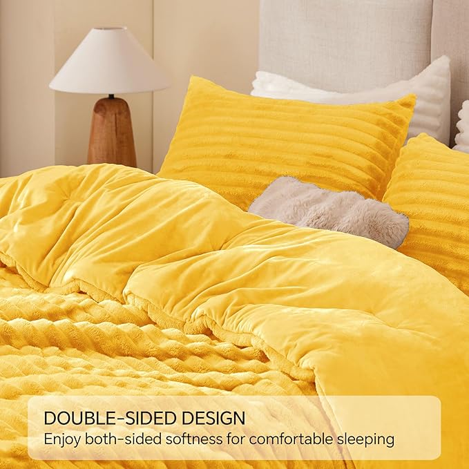 BEDELITE Fleece Queen Comforter Set -Super Soft & Warm Fluffy Bright Yellow Bedding, Luxury Fuzzy Heavy Bed Set for Winter with 2 Pillow Cases