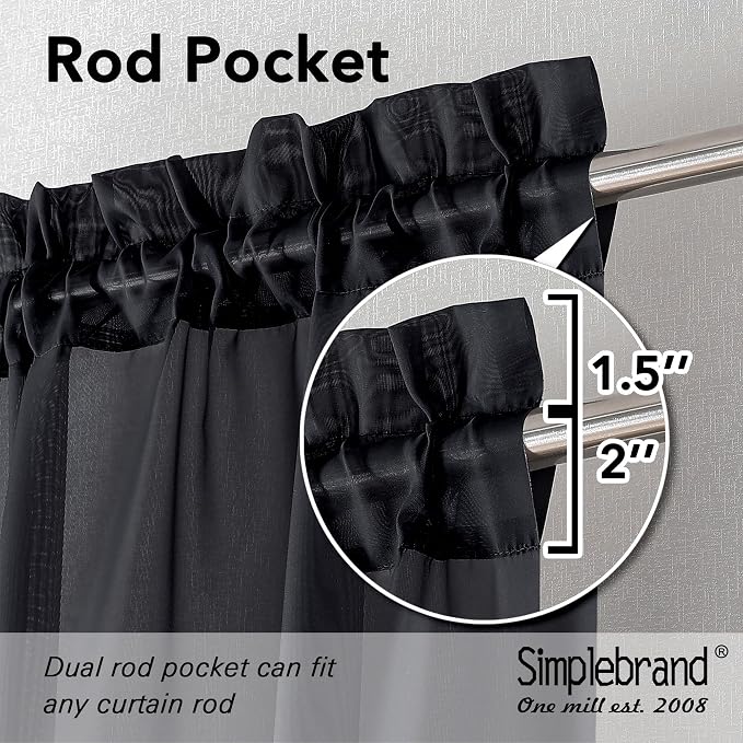 Simplebrand Black Sheer Curtains 90 Inches Long, Light Filtering Rod Pocket - Image 6