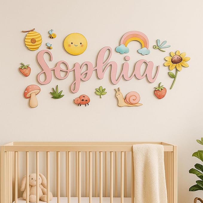 Custom Nursery Name Sign with Themed Decor Kit | Personalized Wooden Wall Art for Baby, Kids Room | Space, Jungle, Circus, Under the Sea, Woodland, Rainbow (10", Rainbow/Nature)
