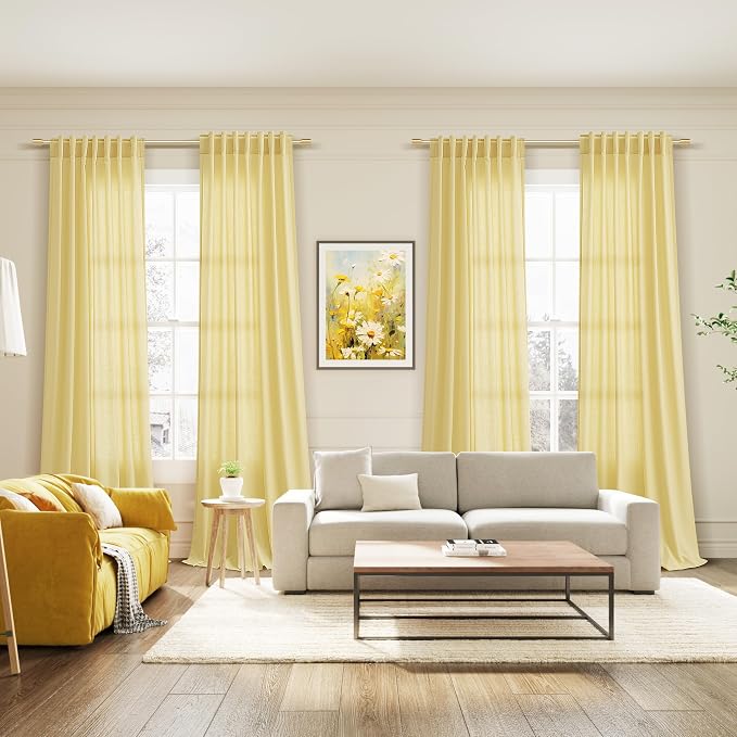 Yellow Linen Boho Curtains for Bedroom Back Tab Rod Pocket Semi Sheer Linen - Image 7