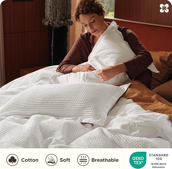 Bedsure Cotton Duvet Cover Set - 100% Cotton Waffle Weave Coconut White Duvet Cover Oversized Queen Size, GentleSoft™ and Breathable Bedding Set for All Season, 3 Pieces, 98"x98"