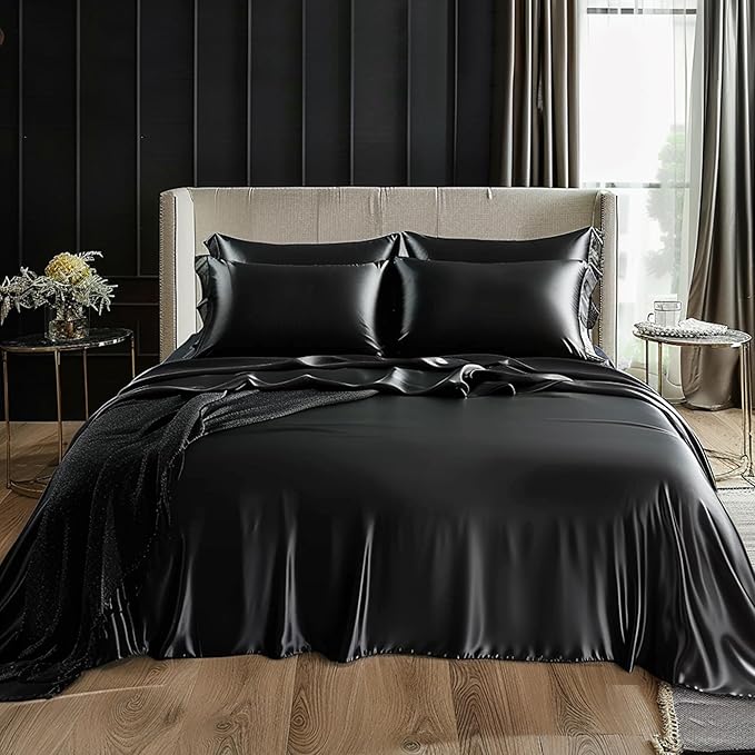 Love's cabin Twin XL Satin Sheet Sets - 3 Piece Black Silky Bed Sheets with Deep Pockets, Luxury Silk Feel Satin Sheet Set Twin XL (1 Flat Sheet,1 Fitted Sheet,1 Pillow case)
