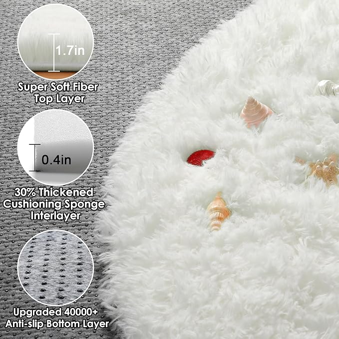 Cream White Round Rugs 5ft for Bedroom Living Room, Ivory Fluffy Circle Area - Image 2
