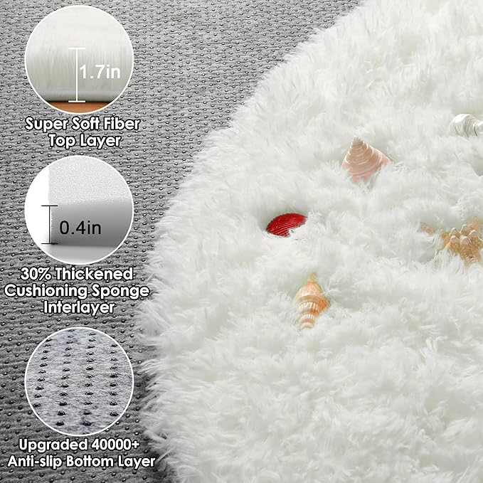 Cream White Round Area Rugs 6ft, Fluffy Soft Bedroom Circle Rug Floor Mat - Image 2