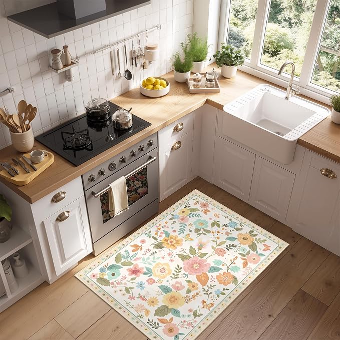 RELEANY Floral Washable 2x3 Area Rugs Doormat Beige/White/Orange | Flower - Image 9